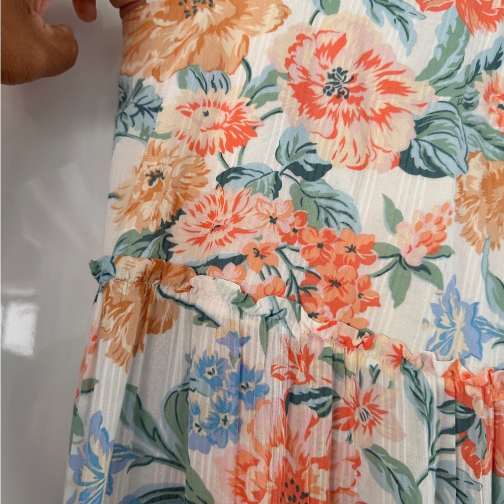 LOFT Floral Midi Dress in Orange, Blue & Cream - Picture 6 of 11